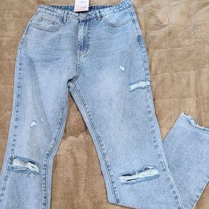 Highwaisted Straight Leg Thigh Slash Jean